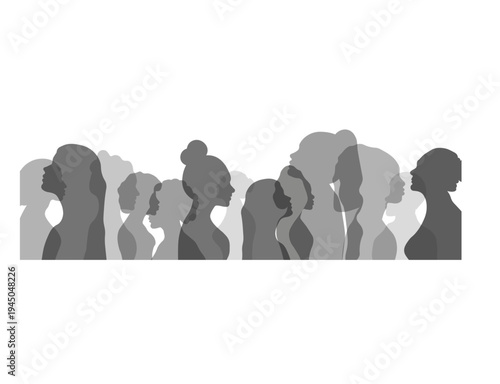 Crowd silhouette of diverse people in multiple shades of gray
