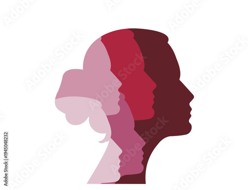 Triple female profile silhouette with layered overlapping colors
