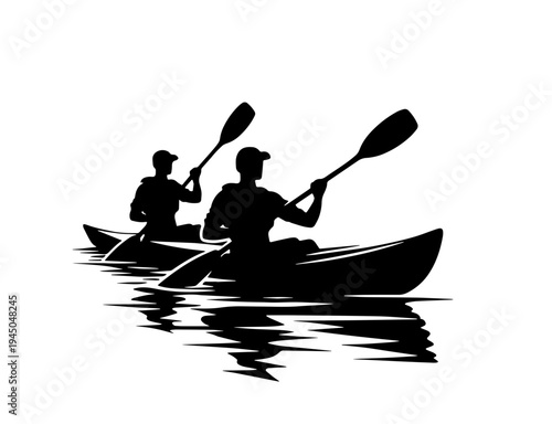 Silhouette of two people paddling a kayak on the water
