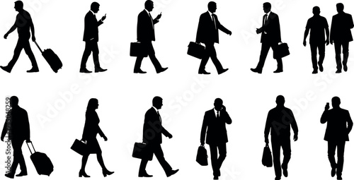 Business people silhouette collection walking with briefcase and smartphone, professional corporate lifestyle characters isolated on light background for office, travel and teamwork concept design