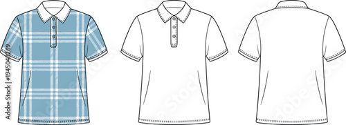 Short sleeve polo shirt front patterned view, plain front outline, and back view, classic collar, button placket, garment flat sketch, vector