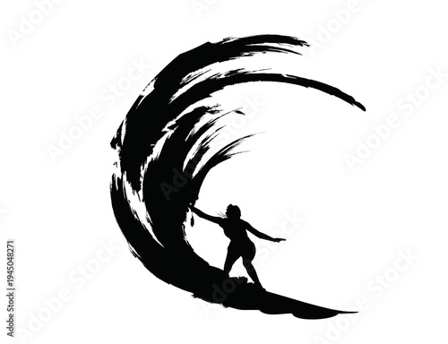 Silhouette of a surfer inside a big barrel wave in the ocean
