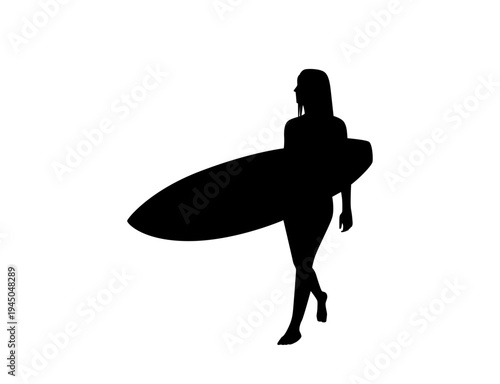 Silhouette of a woman standing and carrying a surfboard on the beach
