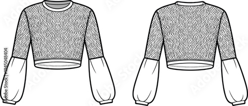 Women's Smocked Cropped Top Technical Flat Sketch, Long Puff Sleeve Blouse Vector Illustration, CAD Fashion Drawing for Design Tech Pack Development