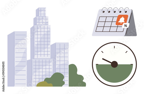 Business planning, deadline tracking, urban development, productivity, efficiency, time management. High-rise buildings, a calendar with a reminder and a speed gauge icon. Business planning