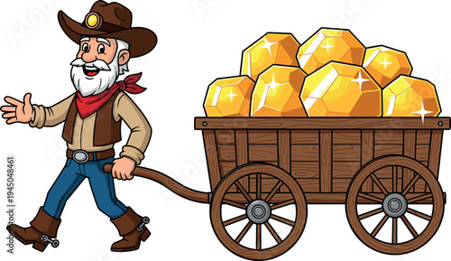 Cartoon gold miner character pulling wooden wagon full of shiny gold nuggets vector illustration, western prospector concept isolated on light background for adventure design