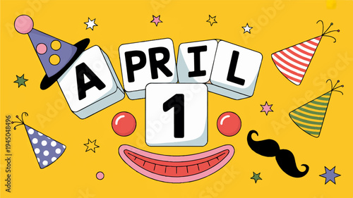 April fools' day celebration with colorful party hats and props on yellow background