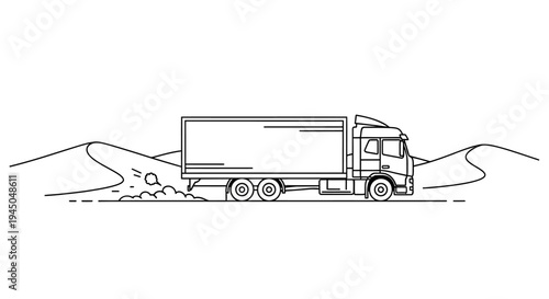 Delivery Truck Driving Through Desert Landscape, Dust Kicking Up