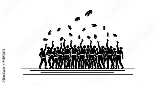 Crowd of people throwing confetti in the air, celebration, success, unity, black and white