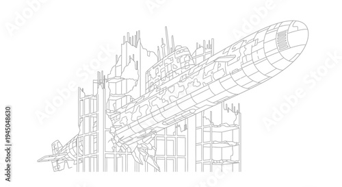 Destroyed Cityscape with Submarine Wreckage - War Aftermath