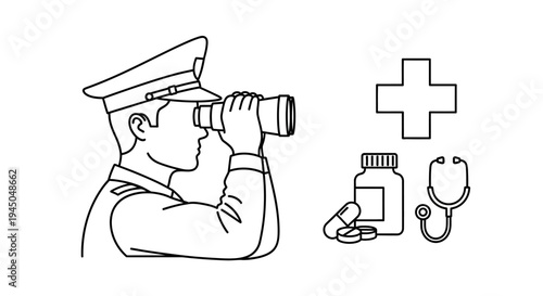 Doctor looking through binoculars, medical supplies, cross, stethoscope, pills, health check