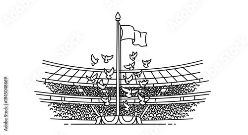 Doves Flying From Stadium Flagpole - Symbol of Peace and Freedom