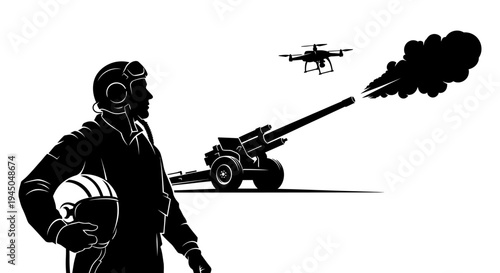 Drone targeting artillery cannon with pilot silhouette and smoke