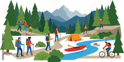 Illustrative scene of people enjoying diverse outdoor adventures including hiking, kayaking, and mountain biking, surrounded by majestic mountains, forests, and a river, depicting an active lifestyle