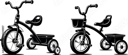 Children tricycle silhouette vector set with classic kids bicycle toy designs, black vintage trike illustration isolated on light background for childhood transport and play