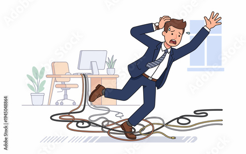 Man in business suit tripping on cables.