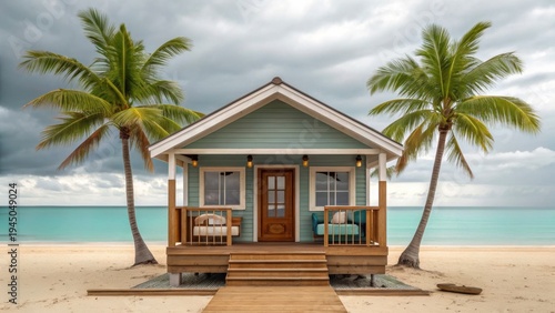 adu small home Small wooden beach house between two palm trees on sandy shore with turquoise ocean and cloudy sky in the background.