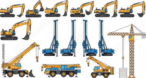 Construction machinery vector collection with excavators, drilling rigs, mobile cranes and tower crane equipment for engineering projects, heavy industry operations and building site work