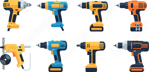Cordless electric drill and power tool set vector illustration with different models of drilling machines for construction, repair, carpentry and DIY workshop equipment
