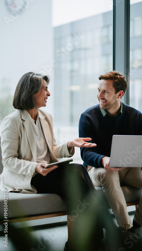 One to one feedback mentoring between manager and young professional. Concept of supportive career development, HR feedback culture and emotional intelligence in a modern digital workplace.