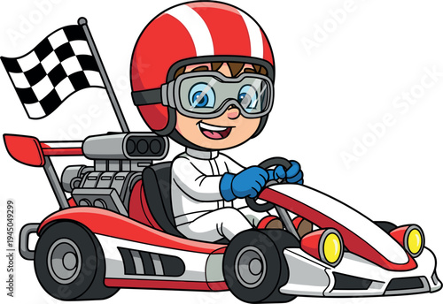 Cute cartoon go kart racer child character driving small racing car with checkered flag vector illustration, fun motorsport mascot isolated on light background