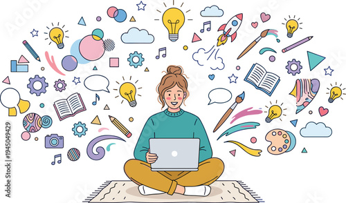 Creative young woman with laptop, surrounded by inspiring ideas, art tools, and learning symbols. Represents digital innovation, imaginative thinking, and problem-solving