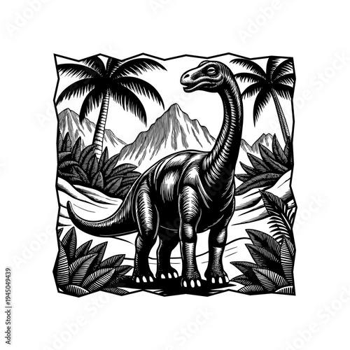 A detailed black and white illustration of a Brontosaurus dinosaur standing in a prehistoric landscape with palm trees and mountains.
