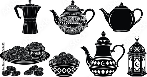 Ramadan cultural illustration with coffee pot teapot dates lantern crescent moon star decorative artwork, Islamic festive design, Eid celebration religious concept graphic