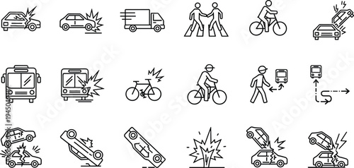 Traffic accident and road transportation outline icon set including car crash bus bicycle pedestrian truck collision and safety symbols vector