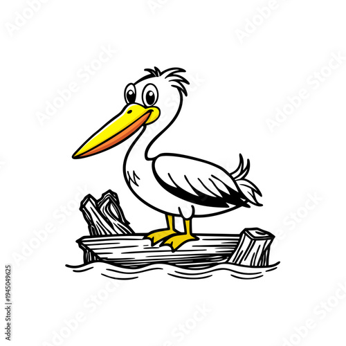 A cartoon illustration of a white pelican with a yellow beak standing on a log in the water.