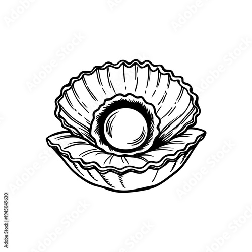 A detailed black and white sketch of an open oyster shell revealing a lustrous pearl inside.