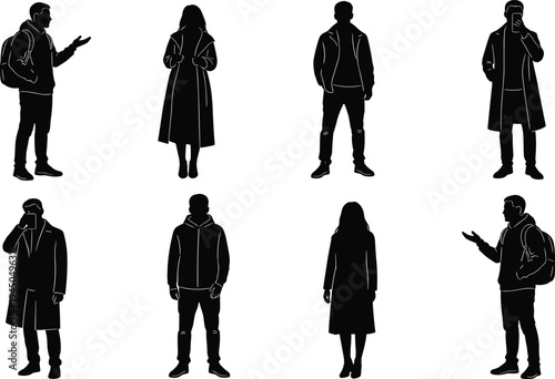 Vector silhouette collection of diverse men and women in winter coats and hoodies standing in various poses on white background.