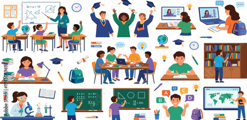 Educational vector illustrations showing diverse student experiences classroom, online learning, group study, science, and graduation