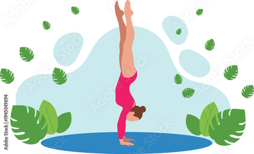 Woman practicing yoga handstand pose illustration, fitness workout and balance training, healthy lifestyle exercise vector with tropical leaves background