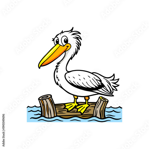 A cute cartoon pelican with a long yellow beak stands on a wooden log in blue water.