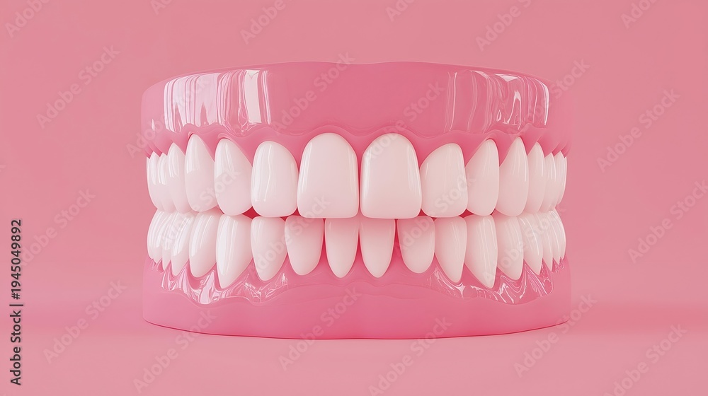 Obraz premium A close-up view of a set of bright white teeth on a pink background, symbolizing dental health and hygiene.