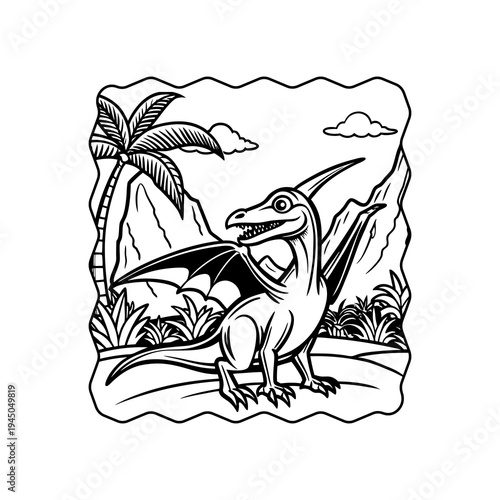 A cute cartoon pterodactyl dinosaur in a prehistoric landscape with mountains and palm trees, black and white illustration.