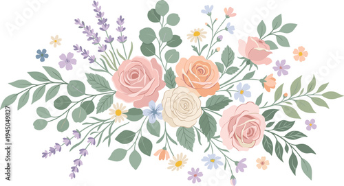 Elegant Pastel Floral Bouquet Arrangement Featuring Delicate Pink and Orange Roses, Fragrant Lavender, and Eucalyptus Leaves, Perfect for Spring and Summer Designs