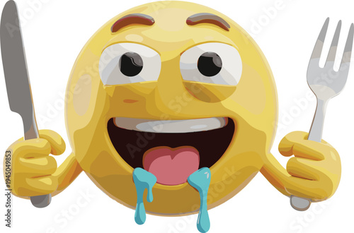 Hungry emoji face holding fork and knife with drooling mouth, funny cartoon emoticon ready to eat food, playful expression icon isolated on white background