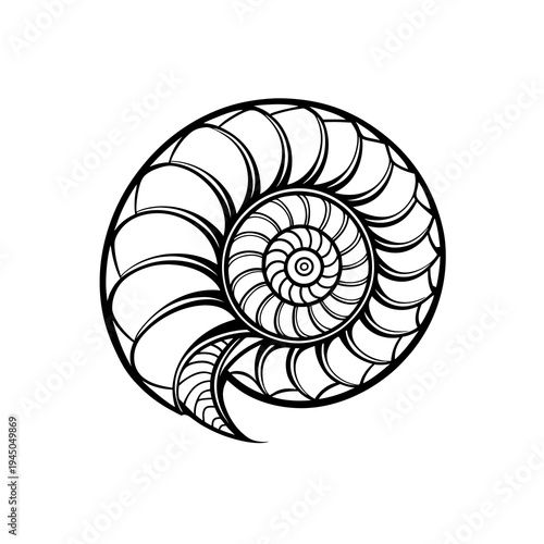 Detailed black and white line drawing of a nautilus shell cross-section, showcasing its intricate spiral chambers and natural logarithmic growth pattern.
