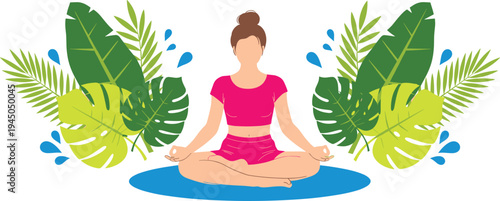 Woman practicing yoga meditation vector illustration, healthy lifestyle mindfulness concept, female sitting lotus pose with tropical leaves background