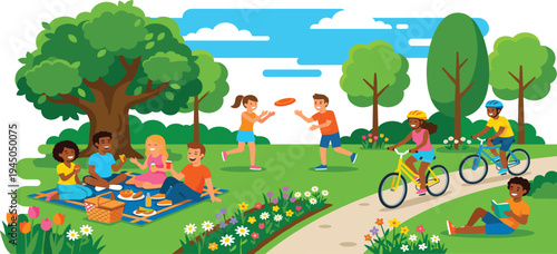 Summer picnic in the park with people enjoying outdoor activities like frisbee, biking, and reading on a sunny day