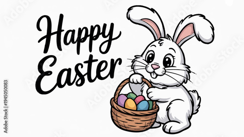 Easter bunny holding colorful eggs in basket with happy easter text