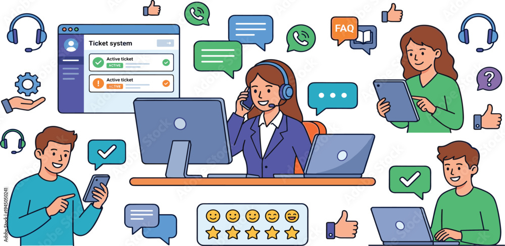 Fototapeta premium Customer Service and Support Concept with Chatbots, Communication, Feedback, and Technical Assistance