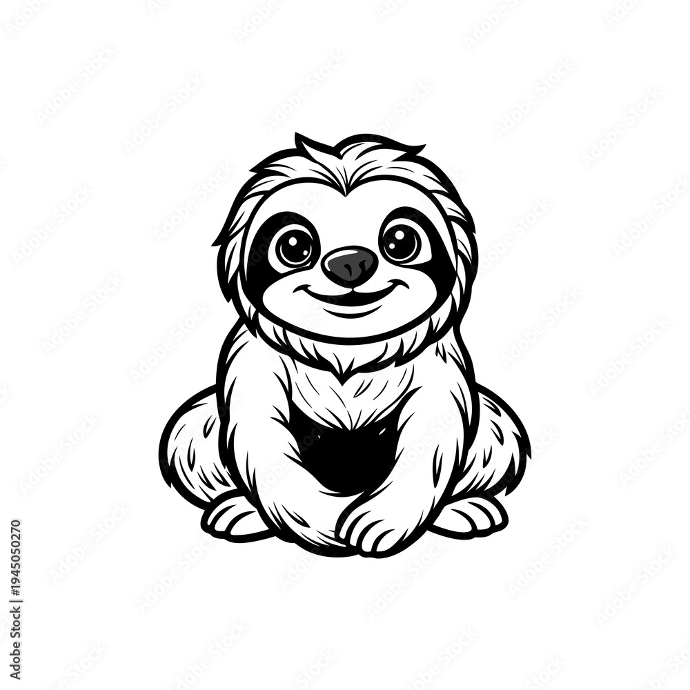 Fototapeta premium Cute black and white cartoon baby sloth illustration sitting with a friendly smile, a charming and simple graphic design.