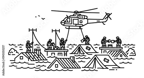 Helicopter rescue during flood disaster, people receiving aid from tents and houses