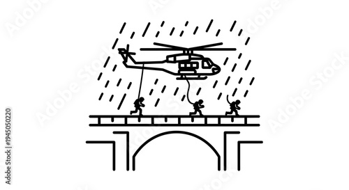 Helicopter Rescue Operation on Bridge During Heavy Rain