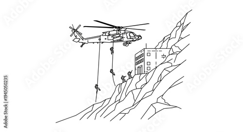 Helicopter Rescue Operation on Steep Mountain Cliff with Remote Building