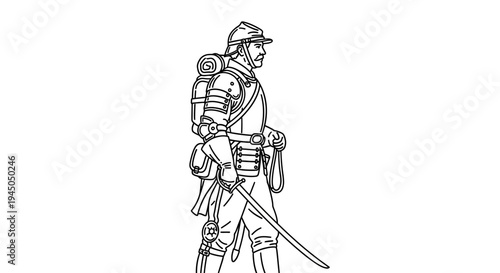 Historical Soldier with Sword and Backpack, Line Art Illustration