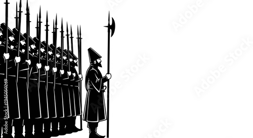 Historical Soldiers Formation with Halberdier Leader, Black and White Illustration